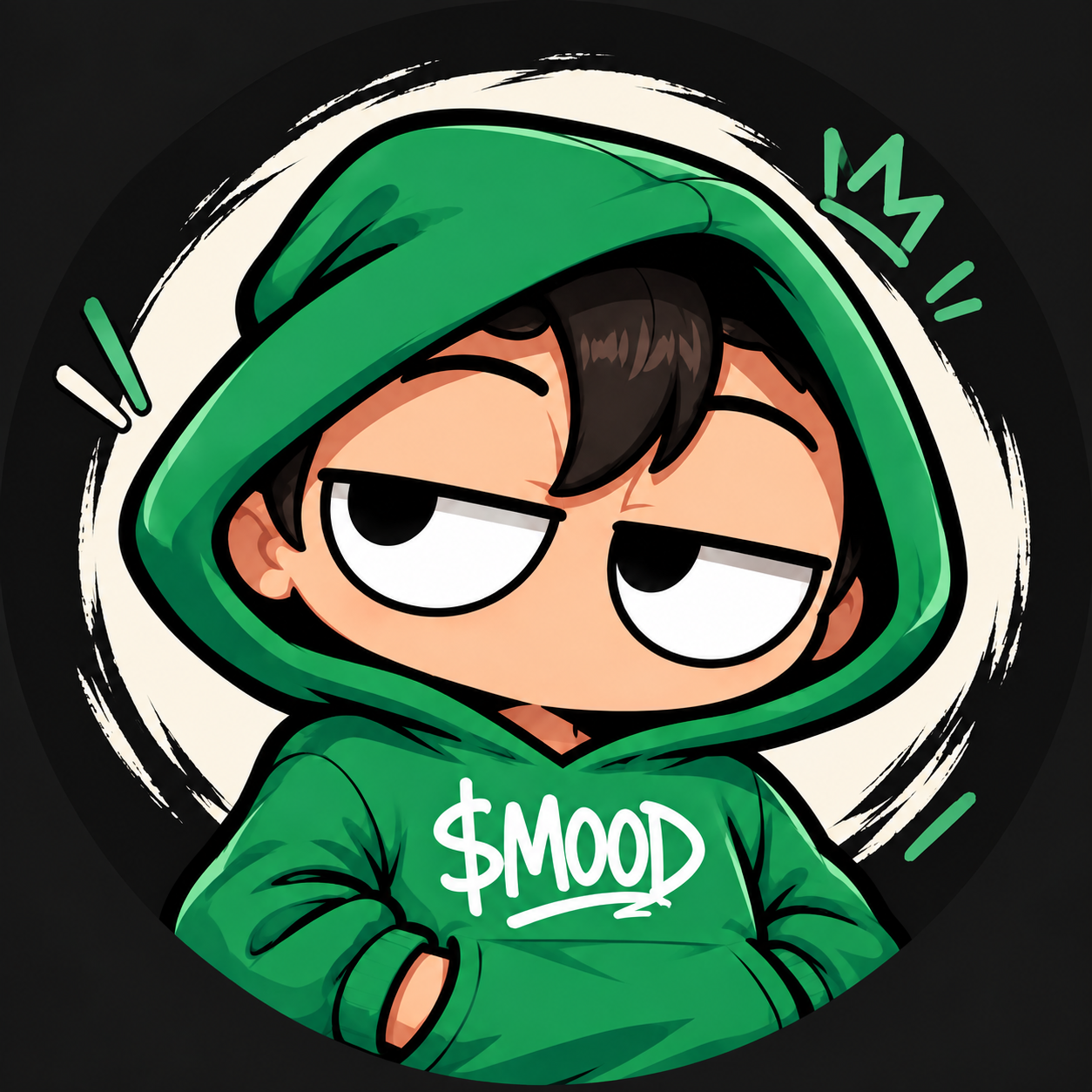MOOD character in green hoodie